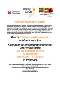 Cultuurmaatjes in actie! Lijkt het jou leuk om een ander te stimuleren om vaardigheden te ontwikkelen, talenten te ontdekken en stappen te zetten richting vrijwilligerswerk in een culturele instelling of lidmaatschap van