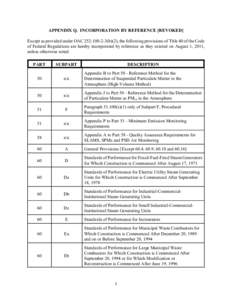 APPENDIX Q. INCORPORATION BY REFERENCE [REVOKED] Except as provided under OAC 252:[removed]b)(2), the following provisions of Title 40 of the Code of Federal Regulations are hereby incorporated by reference as they existe