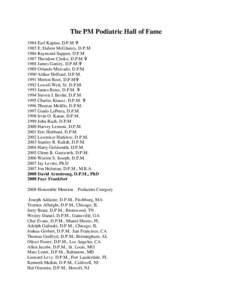 The PM Podiatric Hall of Fame 1984 Earl Kaplan, D.P.M  1985 E. Dalton McGlamry, D.P.M 1986 Raymond Suppan, D.P.M 1987 Theodore Clarke, D.P.M. 1988 James Ganley, D.P.M.