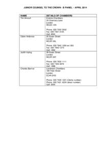 JUNIOR COUNSEL TO THE CROWN - B PANEL – APRIL[removed]NAME DETAILS OF CHAMBERS