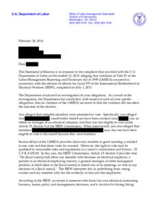 U.S. Department of Labor  Office of Labor-Management Standards Division of Enforcement Washington, DC[removed]0143 Fax: ([removed]