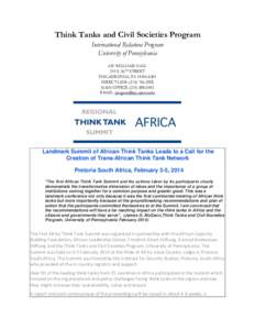 Think Tanks and Civil Societies Program International Relations Program University of Pennsylvania 635 WILLIAMS HALL 255 S. 36TH STREET PHILADELPHIA, PA[removed]