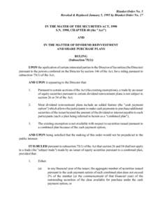 Blanket Order No. 5 Revoked & Replaced January 5, 1995 by Blanket Order No. 27 IN THE MATER OF THE SECURITIES ACT, 1990 S.N. 1990, CHAPTER 48 (the 