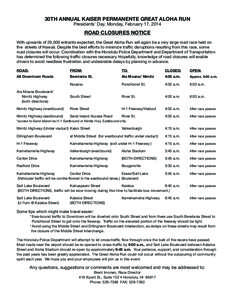 30th Annual KAISER PERMANENTE GREAT ALOHA RUN Presidents’ Day, Monday, February 17, 2014 ROAD CLOSURES NOTICE With upwards of 26,000 entrants expected, the Great Aloha Run will again be a very large road race held on t