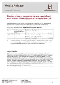 Media Release Zurich and Paris, July 14, 2015 Number of shares composing the share capital and total number of voting rights of LafargeHolcim Ltd Statement in compliance with articles L233-8-II of the code of commerce an