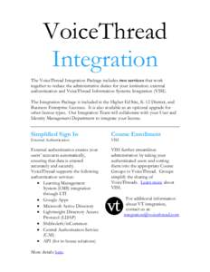 VoiceThread Integration The VoiceThread Integration Package includes two services that work together to reduce the administrative duties for your institution: external authentication and VoiceThread Information Systems I