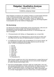 Ratgeber: Qualitative Analyse 1. Ausgabe, Stand © 2002 by Johannes Huber Dieser Ratgeber ist speziell für das qualitative Praktikum im ersten/zweiten Semester an der Uni Konstanz geschrieben und soll helfen, di