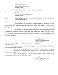 EDN-H(27)NSS/22-YLC Directorate of Higher Education Himachal Pradesh. To  Subject: Memo,