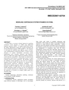 Proceedings of the IMECE[removed]ASME International Mechanical Engineering Congress and Exposition November 11-15, 2007, Seattle, Washington, USA IMECE2007[removed]MODELING CONTINUOUS SYSTEM DYNAMICS IN SYSML