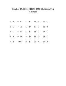 October 23, 2012 CHEM 2770 Mid-term Test Answers 1 B  6 C
