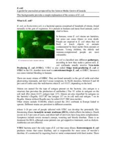 E.	
  coli	
  	
   A	
  guide	
  for	
  journalists	
  prepared	
  by	
  the	
  Science	
  Media	
  Centre	
  of	
  Canada	
   This backgrounder provides a simple explanation of the science of E. coli. Wha