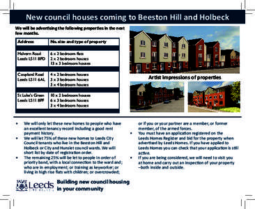 New council houses coming to Beeston Hill and Holbeck We will be advertising the following properties in the next few months. Address  No. size and type of property