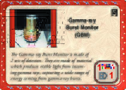 Gamma-ray Burst Monitor (GBM) The Gamma-ray Burst Monitor is made of 2 sets of detectors. They are made of material which produces visible light from incoming gamma rays, capturing a wide range of