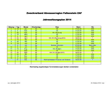Zweckverband Abwasserregion Falkenstein ZAF Jahressitzungsplan 2014 Sitzung  Tag