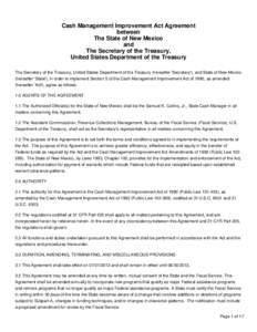 Cash Management Improvement Act Agreement between The State of New Mexico and The Secretary of the Treasury, United States Department of the Treasury