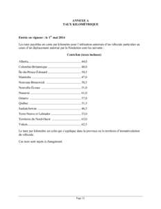 ANNEXE A TAUX KILOMÉTRIQUE Entrée en vigueur : le 1er mai 2014 Les taux payables en cents par kilomètre pour l’utilisation autorisée d’un véhicule particulier au cours d’un déplacement autorisé par la Fondat