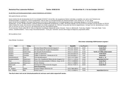 Realschule Plus Lauterecken/Wolfstein  Telefon: Schulbuchliste Kl. 5 für das Schuljahr