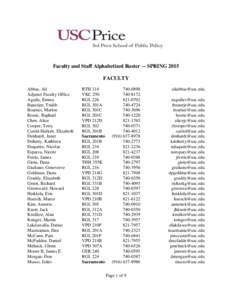 Faculty and Staff Alphabetized Roster –- SPRING 2015 FACULTY Abbas, Ali Adjunct Faculty Office Aguila, Emma Banerjee, Tridib