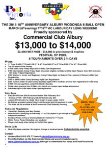 THE 2015 10TH ANNIVERSARY ALBURY WODONGA 8 BALL OPEN MARCH (6thevening) 7TH 8TH VIC LABOUR DAY LONG WEEKEND Proudly sponsored by  Commercial Club Albury