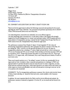 September 7, 2007 Maggie Fimia Deputy Mayor, Shoreline Co-Chair CETA, Coalition for Effective Transportation Alternatives 729 North 148th Shoreline WA 98133