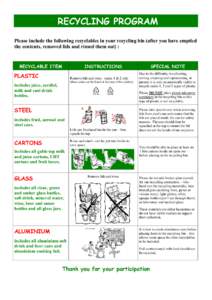 RECYCLING PROGRAM Please include the following recyclables in your recycling bin (after you have emptied the contents, removed lids and rinsed them out) : RECYCLABLE ITEM