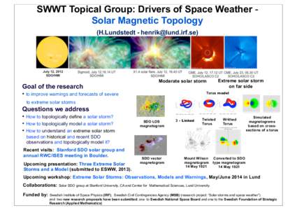 SWWT Topical Group: Drivers of Space Weather Solar Magnetic Topology (H.Lundstedt - [removed]) Extreme solar storm on far side
