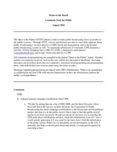 Open to the Public Report of Comments Received by CPB: August 2010