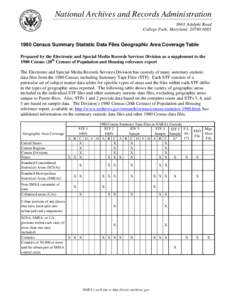 National Archives and Records Administration 8601 Adelphi Road College Park, Maryland[removed]Census Summary Statistic Data Files Geographic Area Coverage Table Prepared by the Electronic and Special Media Record