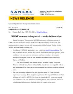 Kansas Department of Transportation news release Nov. 17, 2010 FOR IMMEDIATE RELEASE[removed]