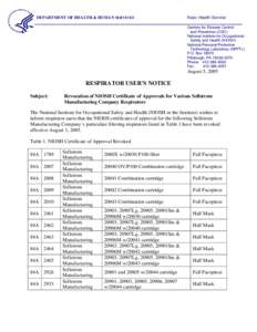 Revocation of NIOSH Certificate of Approvals for Various Sellstrom Manufacturing Company Respirators