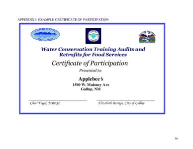 APPENDIX I: EXAMPLE CERTIFICATE OF PARTICIPATION  Water Conservation Training Audits and Retrofits for Food Services  Certificate of Participation