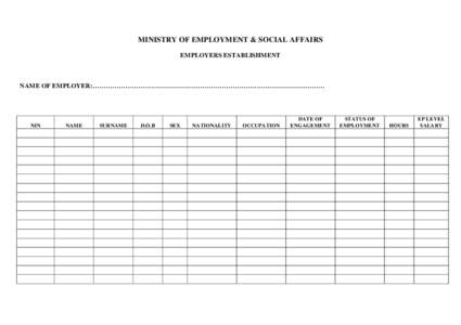 MINISTRY OF EMPLOYMENT & SOCIAL AFFAIRS EMPLOYERS ESTABLISHMENT NAME OF EMPLOYER:…………………………………………………………………………………………….  NIN