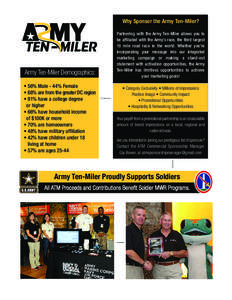 Why Sponsor the Army Ten-Miler?  Army Ten-Miler Demographics: • 56% Male - 44% Female • 68% are from the greater DC region >