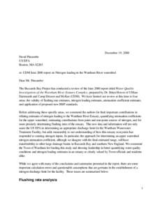 December 19, 2000 David Pincumbe US EPA Boston, MA[removed]re: CDM June 2000 report on Nitrogen loading in the Wareham River watershed Dear Mr. Pincumbe: