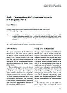 ACTA ZOOLOGICA BULGARICA Acta zool. bulg., 59 (2), 2007: [removed]Spiders (Araneae) from the Maleshevska Mountain (SW Bulgaria). Part I. Stoyan P. Lazarov