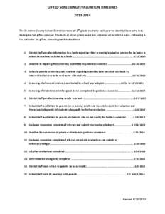 GIFTED SCREENING/EVALUATION TIMELINES[removed]The St. Johns County School District screens all 2nd grade students each year to identify those who may be eligible for gifted services. Students at other grade levels are 