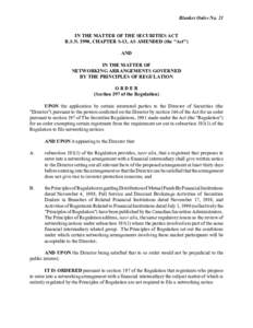 Blanket Order No. 21 IN THE MATTER OF THE SECURITIES ACT R.S.N. 1990, CHAPTER S-13, AS AMENDED (the 