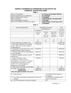 ABSTRACT STATEMENTS OF EXPENDITURE ON ELECTION BY THE CANDIDATE/ HIS ELECTION AGENT PART- I Name of Candidate Number and Name of Constituency Name of State/Union Territory