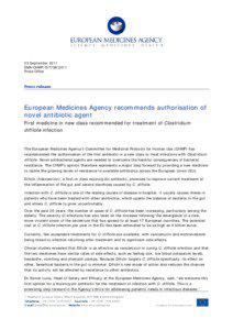 European Medicines Agency recommends authorisation of first-in-class antibiotic for C. difficile