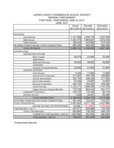 LAPEER COUNTY INTERMEDIATE SCHOOL DISTRICT GENERAL FUND BUDGET FOR FISCAL YEAR ENDING JUNE 30, 2015 JUNE, 2014 Actual Revised