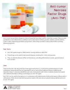 Anti-tumor Necrosis Factor Drugs (Anti-TNF)  Anti- tumor necrosis factor drugs are a class of drugs that have been used for more than 10 years. They are used