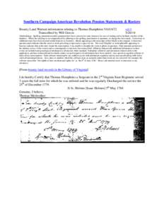 Southern Campaign American Revolution Pension Statements & Rosters Bounty Land Warrant information relating to Thomas Humphries VAS1672 Transcribed by Will Graves vsl[removed]