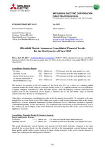 MITSUBISHI ELECTRIC CORPORATION PUBLIC RELATIONS DIVISION 7-3, Marunouchi 2-chome, Chiyoda-ku, Tokyo, [removed]Japan FOR IMMEDIATE RELEASE