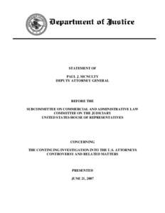 Opening Statement of Deputy Attorney General Paul J. McNulty submitted to the House Judiciary Committee, Subcommittee on Commercial and Administrative Law