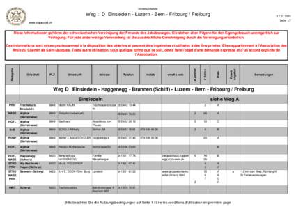 Unterkunftsliste  Weg : D Einsiedeln - Luzern - Bern - Fribourg / Freiburg[removed]Seite 1/7