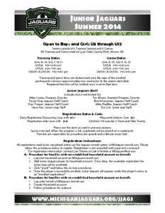 JUNIOR JAGUARS SUMMER 2014 Open to Boys and Girls U5 through U12 Session consists of 5 Training Sessions and 5 Games All Training and Games held at Lyon Oaks County Park, Wixom, MI.