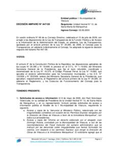 Entidad pública: I. Municipalidad de Vitacura DECISIÓN AMPARO Nº A47-09  Requirente: Unidad Vecinal N° 13, de