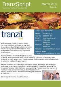 TranzScript  March 2015 Taranaki  Newsletter of the Tranzit Tours Travel Club