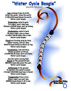 (Sing to the tune of “Skip to My Lou”)  Sun a shining from its birth, Dries the water, dries the earth. A YELLOW bead shows its worth, Water cycle boogie.