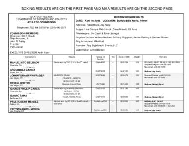 BOXING RESULTS ARE ON THE FIRST PAGE AND MMA RESULTS ARE ON THE SECOND PAGE STATE OF NEVADA DEPARTMENT OF BUSINESS AND INDUSTRY ATHLETIC COMMISSION  BOXING SHOW RESULTS